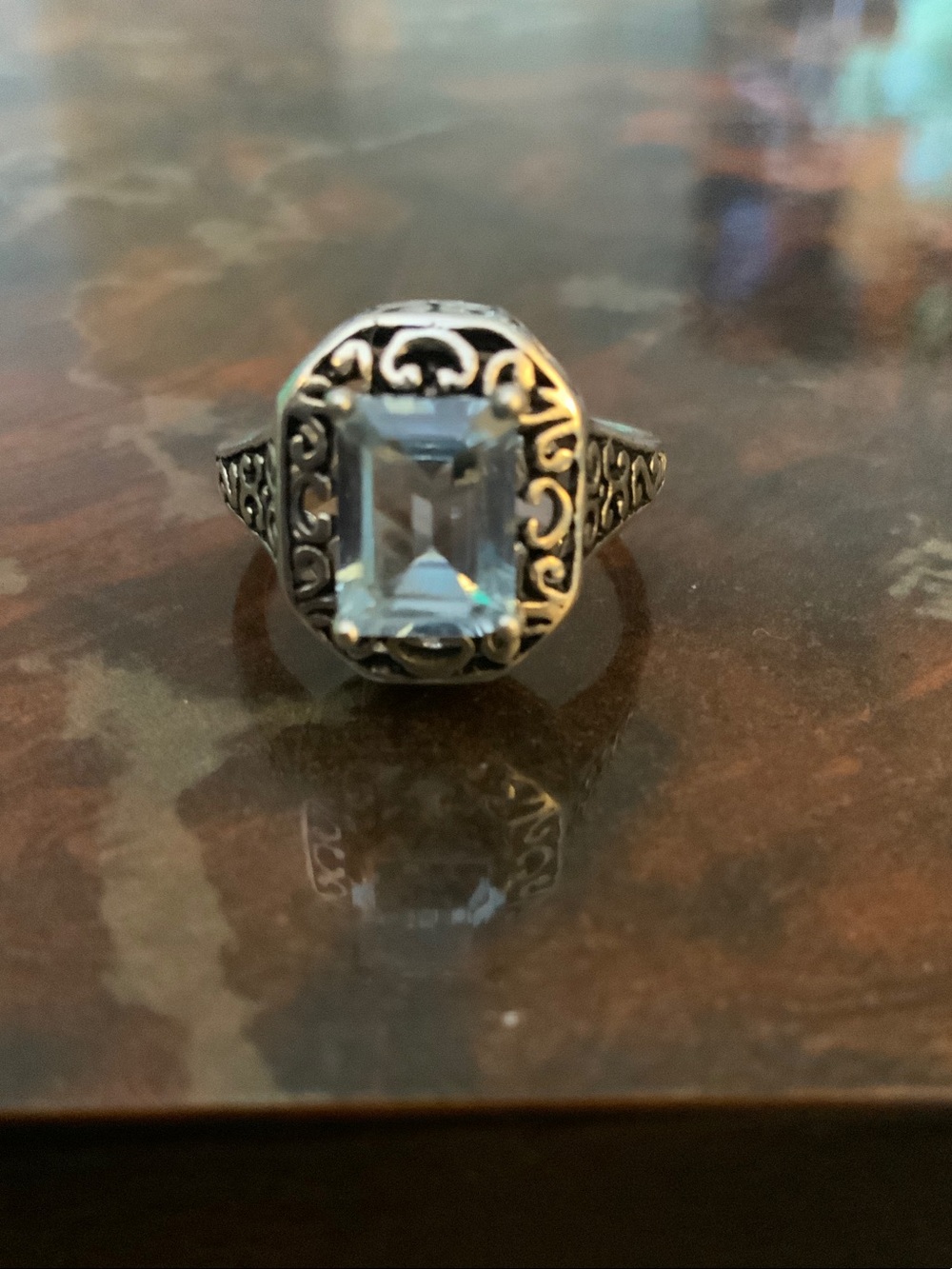 Sterling Silver Filigree Ring with Light Blue Topaz Stone.
